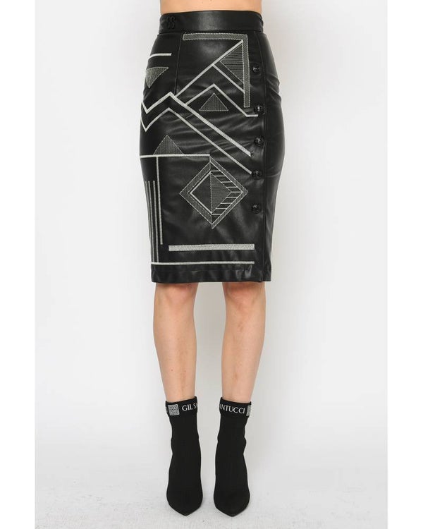 PENCIL SKIRT IN EMBROIDERED FAUX LEATHER