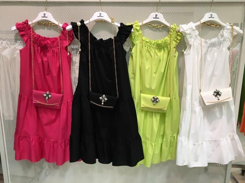 short dress with matching logo chain handbag