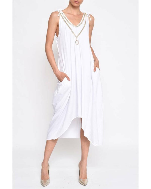 COTTON DRESS WITH DECORATED NECKLINE