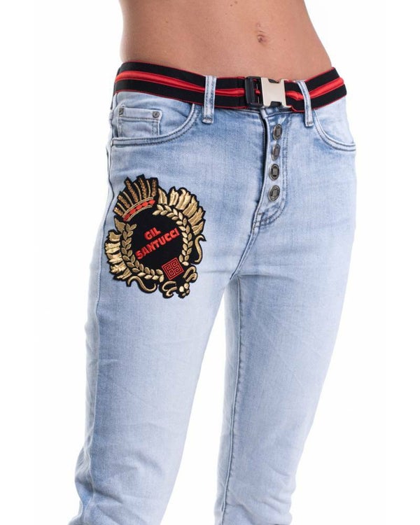 JEANS WITH STRETCH BELT AND CUSTOM PATCH ON THE FRONT