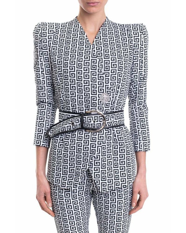 PRINTED JACKET WITH BELT AND LOGATED DETAILS