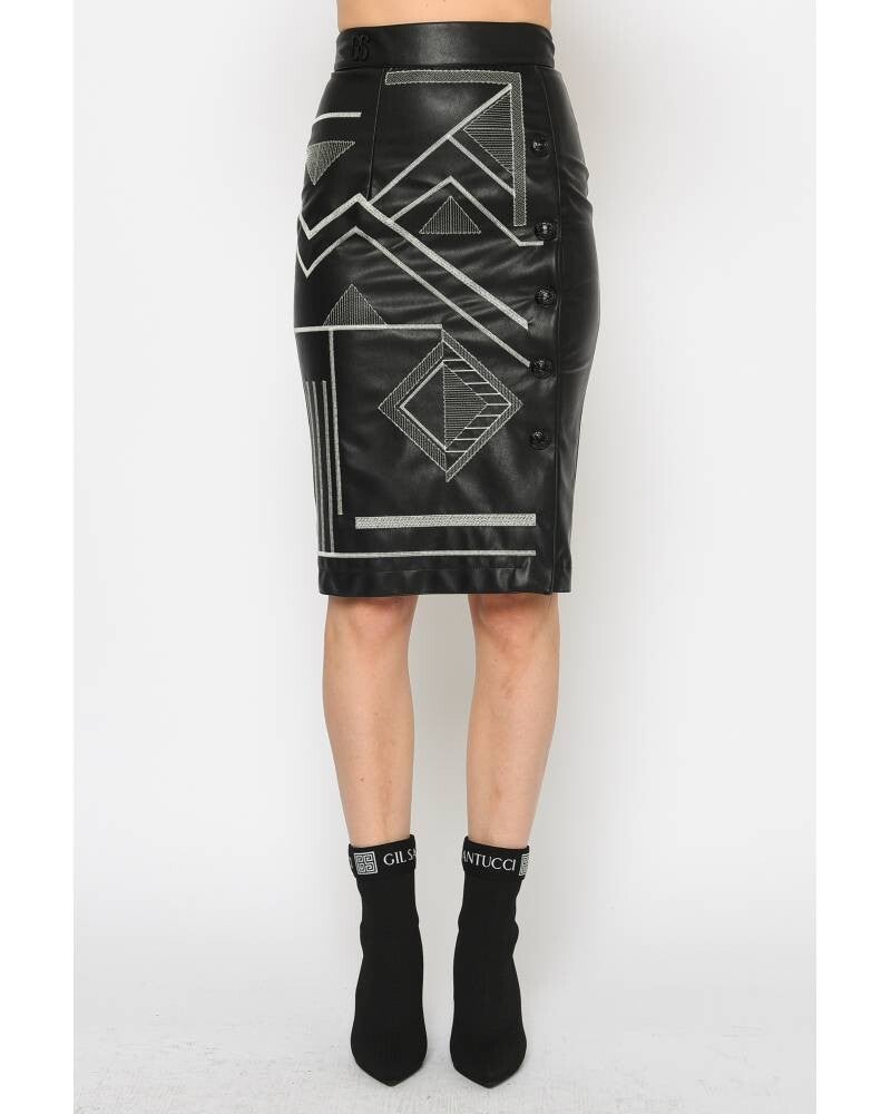 PENCIL SKIRT IN EMBROIDERED FAUX LEATHER