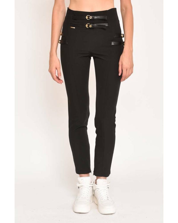 SKINNY TROUSERS WITH FAUX LEATHER STRAPS