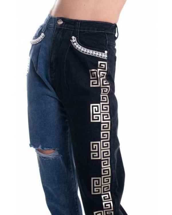 TWO-TONE JEANS WITH HANDMADE APPLICATIONS