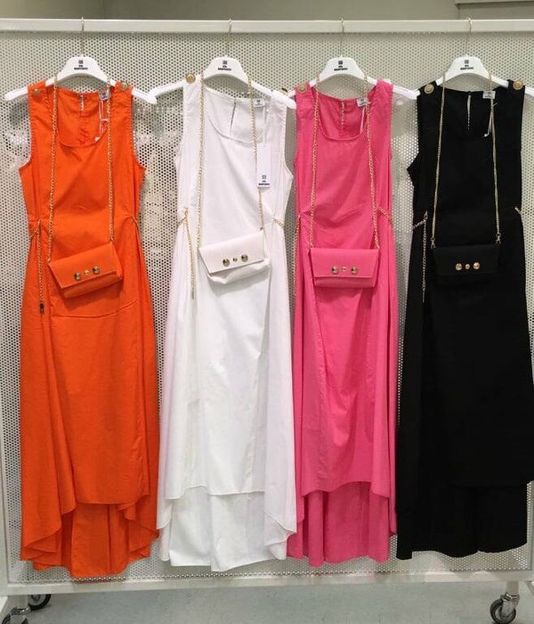 long dress with matching logo chain handbag