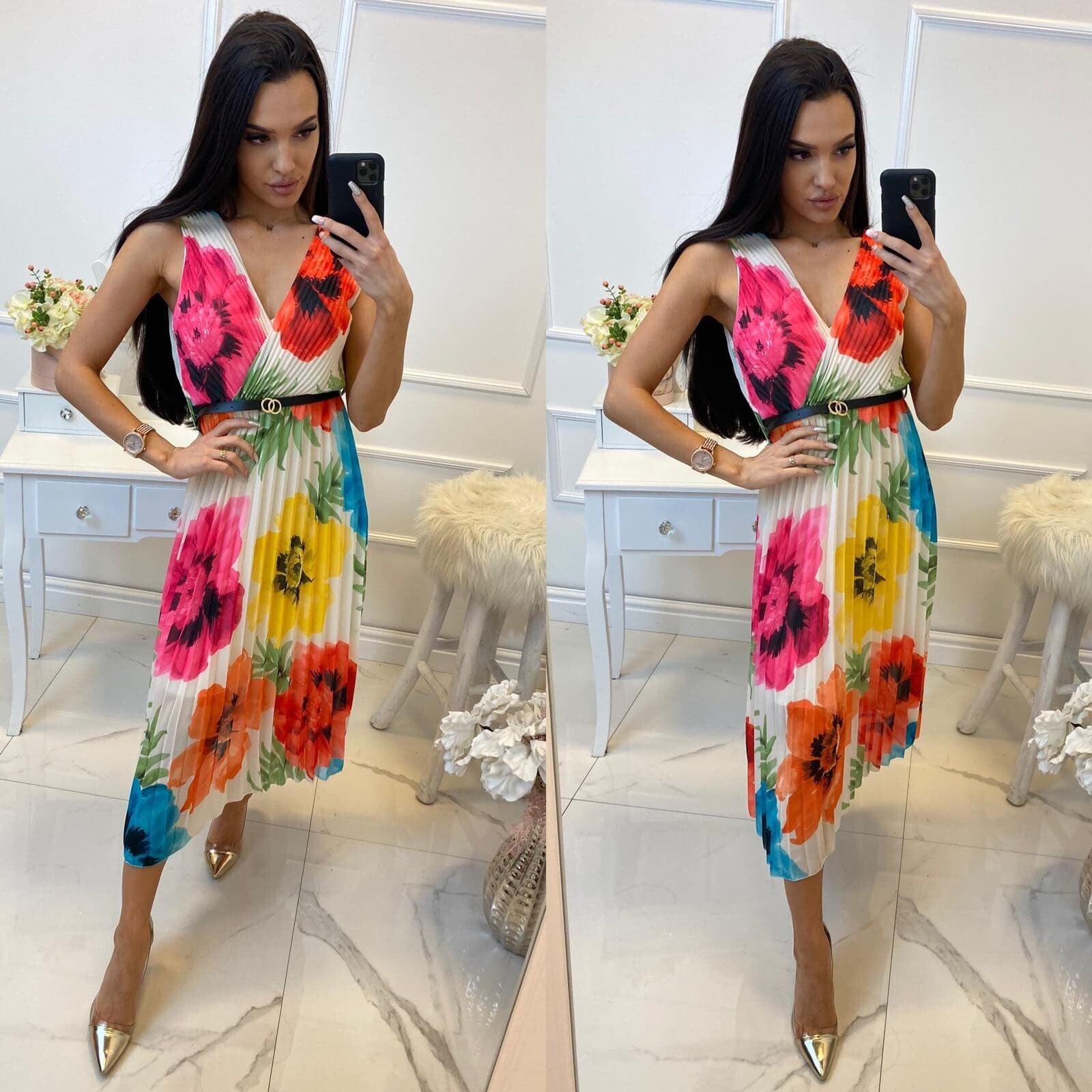 long pleated dress with belt