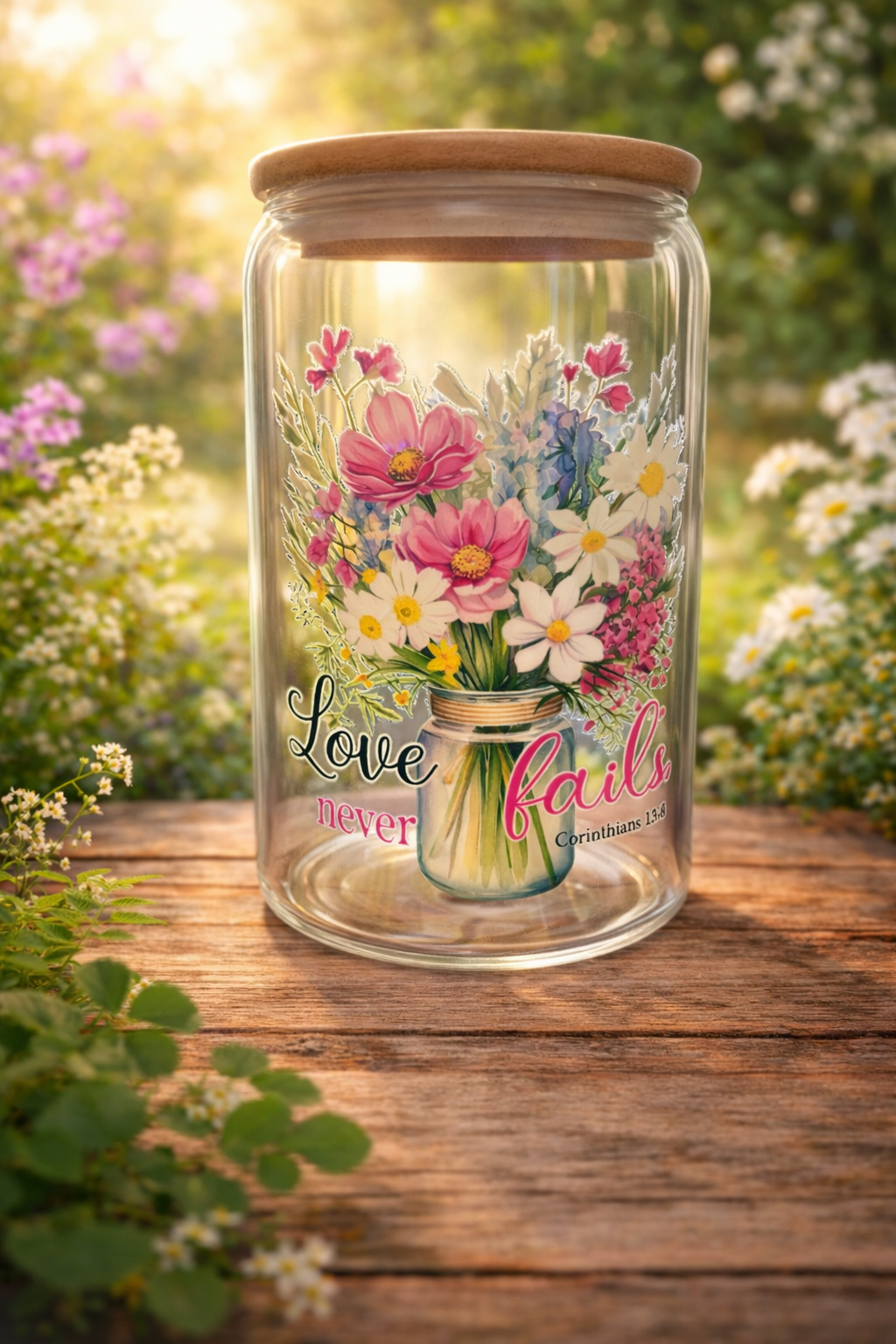 Love Never Fails Floral Glass Tumbler 16oz