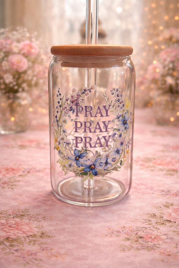 Pray Pray Pray Floral Glass Tumbler 16oz