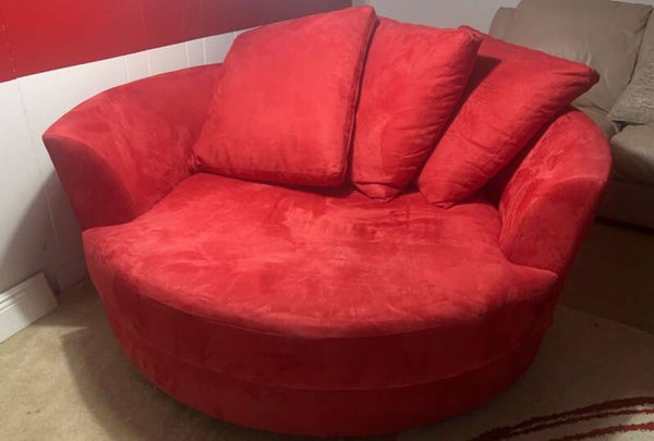 LAZAR CUDDLE CIRCLE SWIVEL LOUNGE CHAIR, RED SUEDE