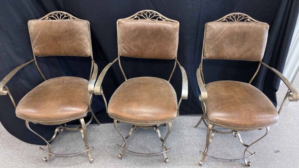 SET OF THREE WROUGHT IRON AND LEATHER BARSTOOLS