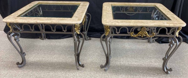 SET OF 2 WROUGHT IRON AND MARBLE COFFEE TABLES