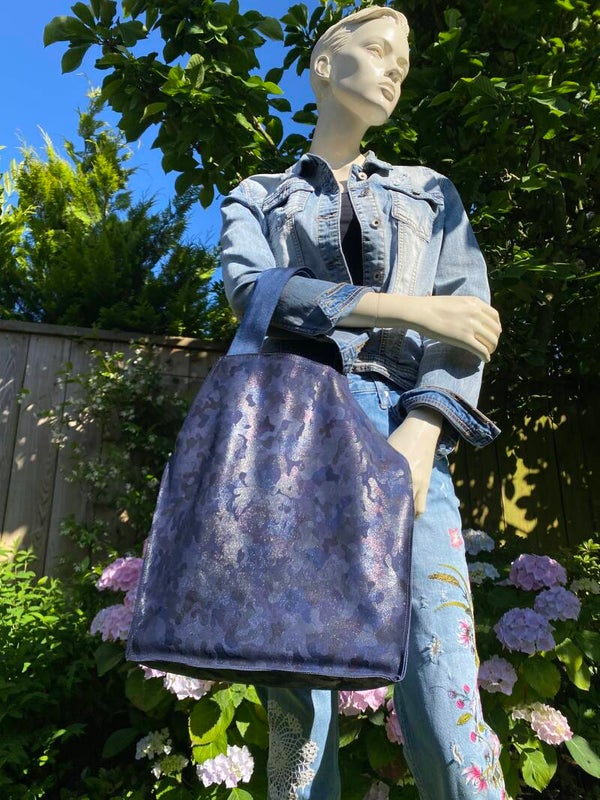 Blauwe leren shopper.