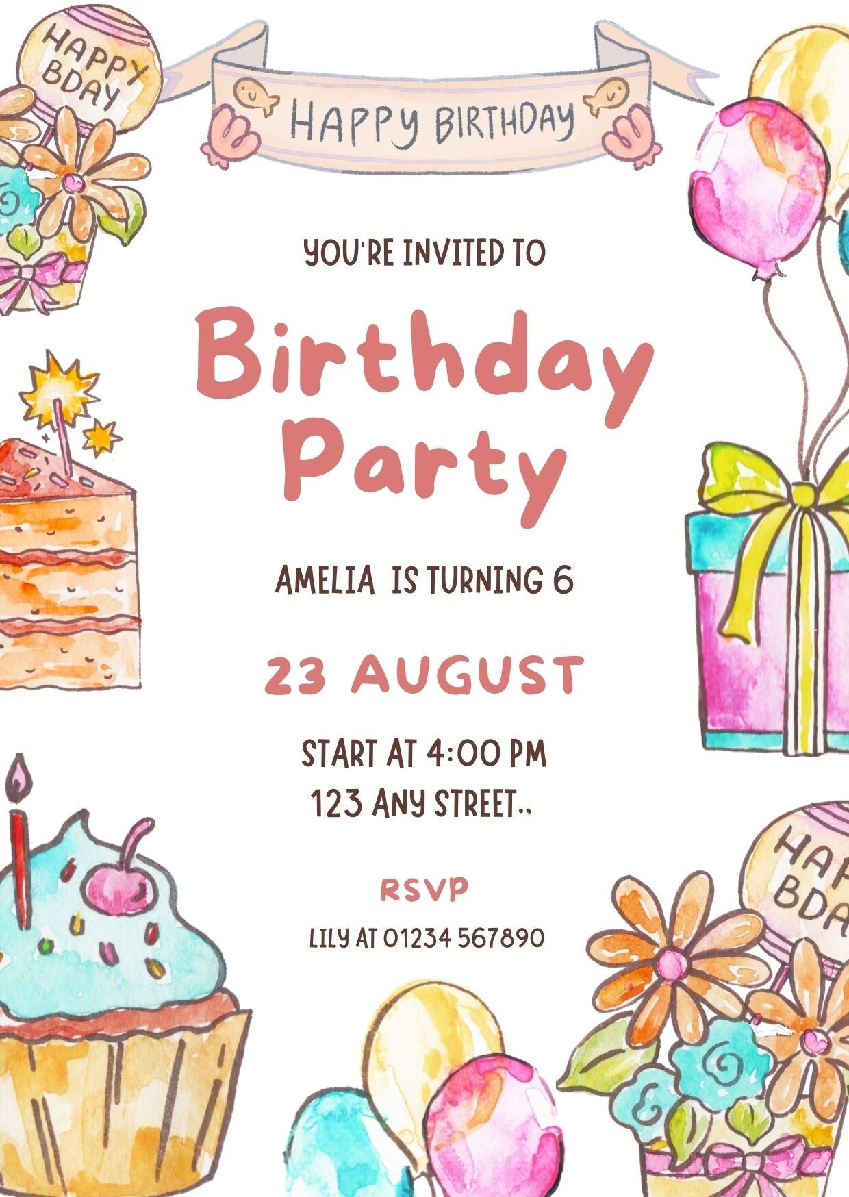 Birthday Invitation - Cakes and Gifts