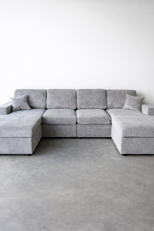 3-Piece Corduroy Sectional Sofa – Dark Gray Dual Chaise Lounge