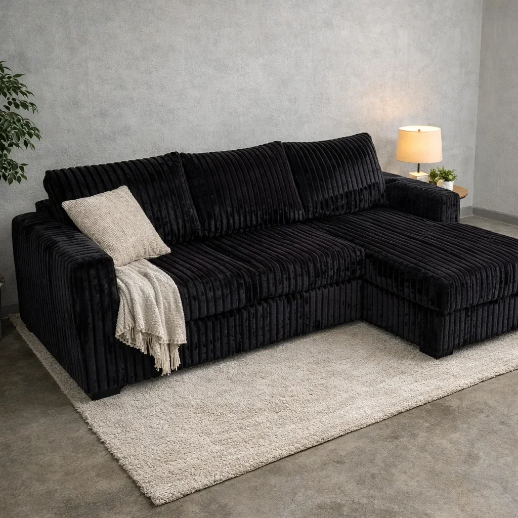 2-Piece Sectional Sofa – Black Fur-Like Corduroy