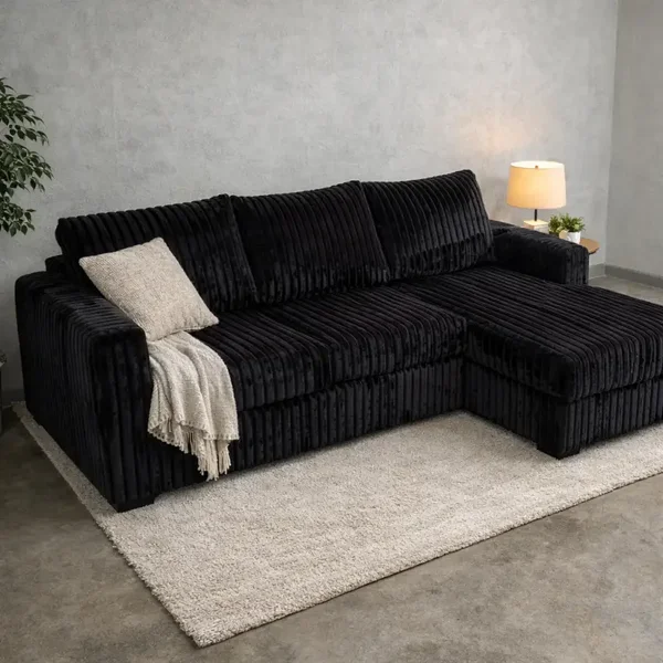 2-Piece Sectional Sofa – Black Fur-Like Corduroy