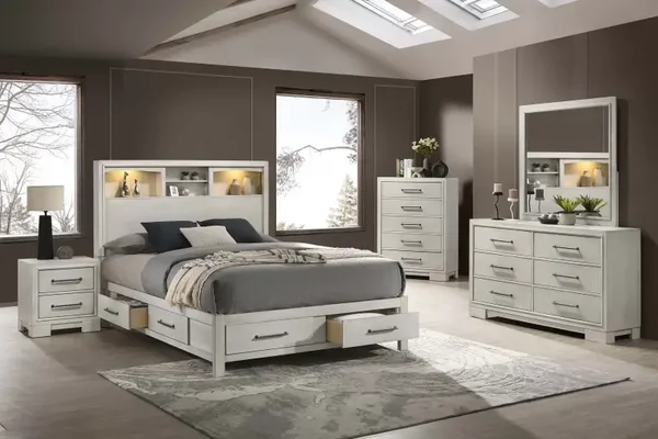 5-Piece Queen Bedroom Set with LED Platform Bed – Nightstand, Dresser, Mirror & Chest | Antique White | F9674Q Bundle