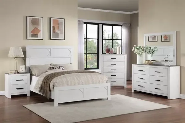 5-Piece Queen Bedroom Set – Bed, Dresser, Mirror, Chest & Nightstand | White Modern Farmhouse