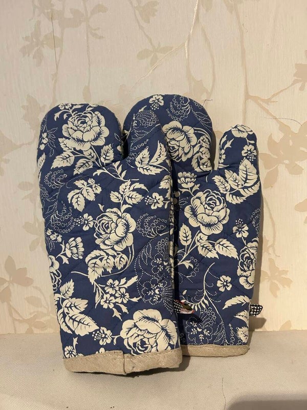 Ovenhandschoenen : jeans blauw met witte bloemen
