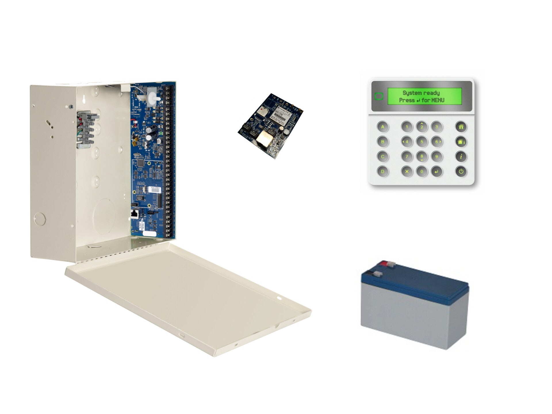 NXG Kit, IP centrale 8-48 zones, wit LCD keypad, 4G modem + antenne + SIM kaart, batterij