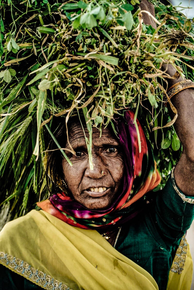 Street photography India: woman carrying green harvest, exprssional face
