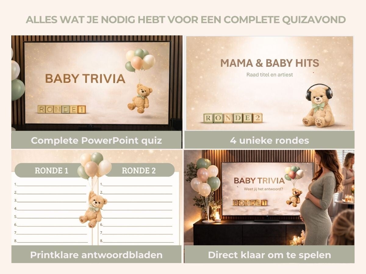 Babyshowerquiz met powerpoint en antwiirdbladen