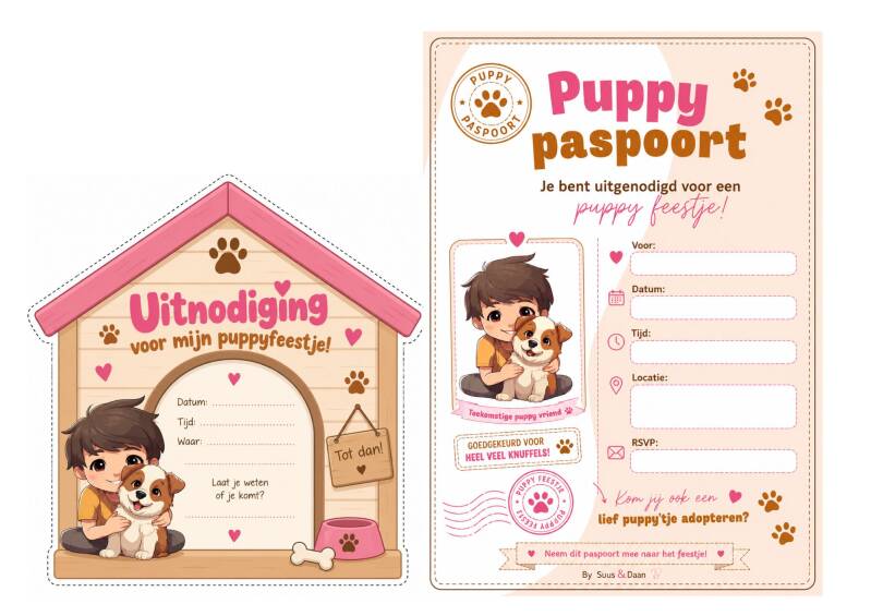 Twee printable uitnodigingen voor een puppyfeestje: een hondenhok en puppy paspoort