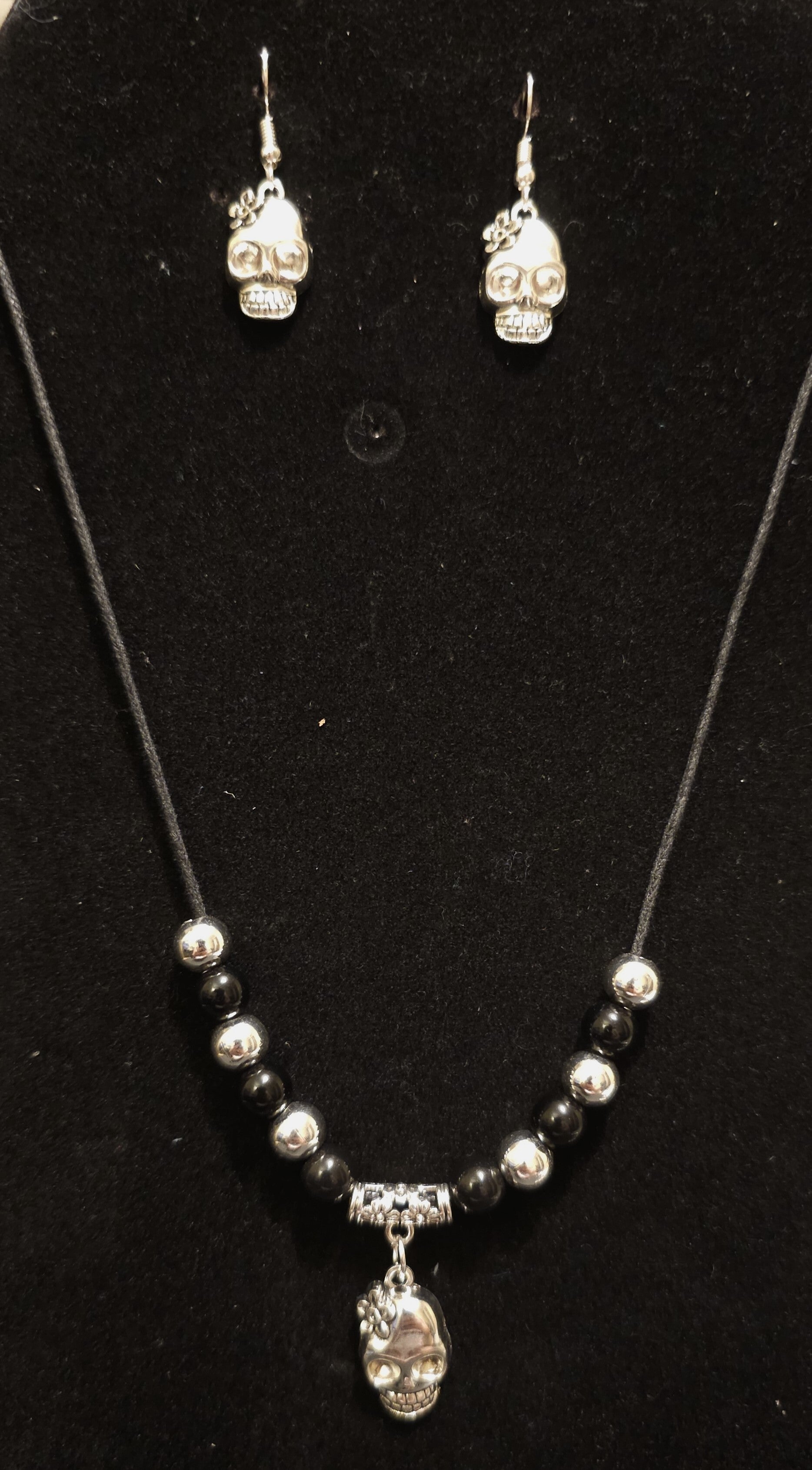 Floral Skull & Bead Cord Necklace Set