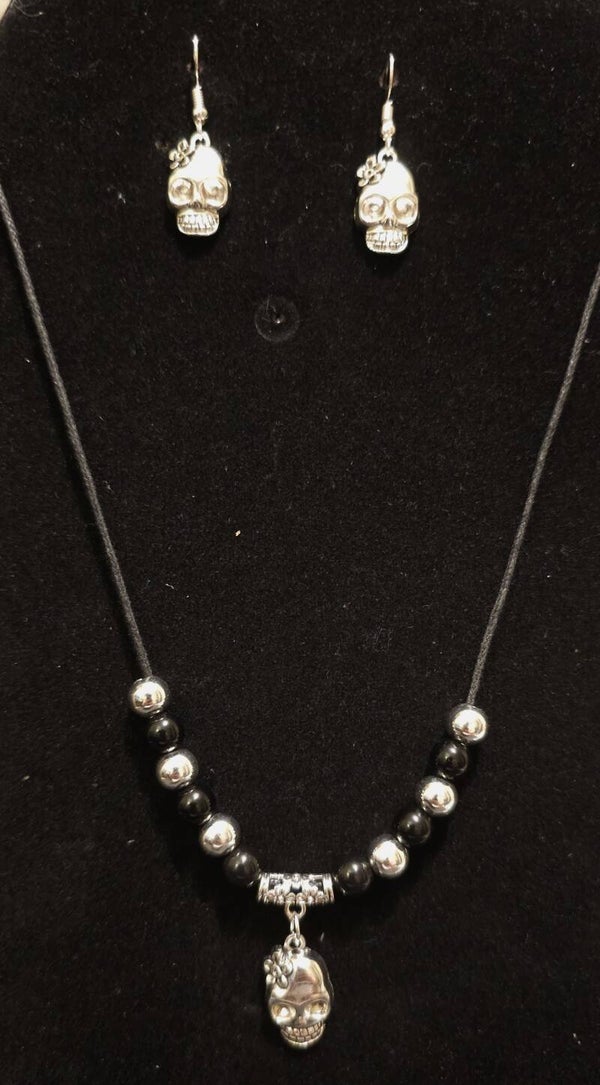 Floral Skull & Bead Cord Necklace Set