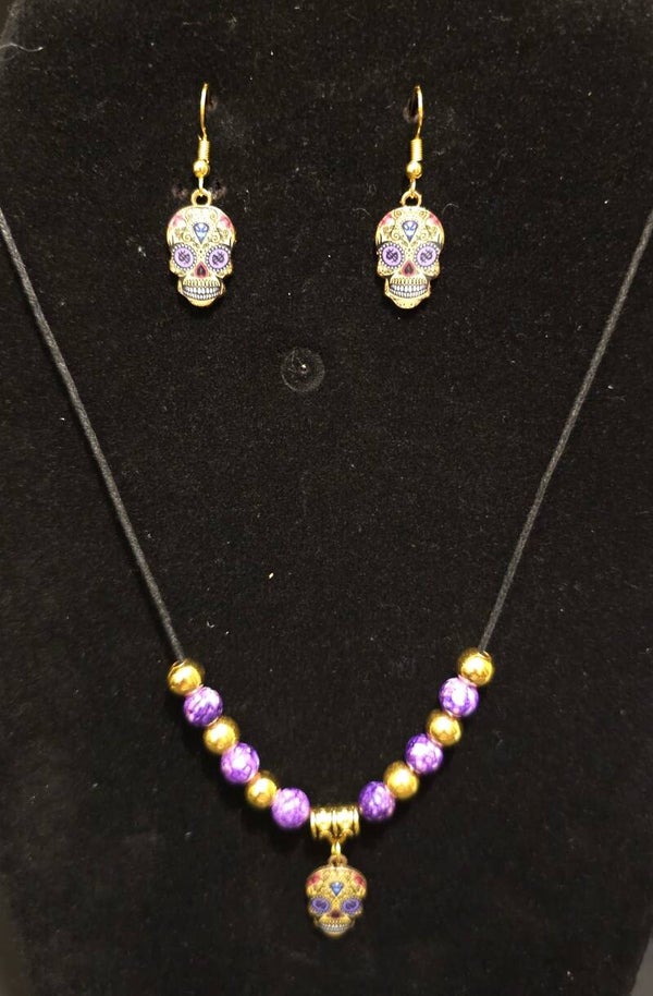 Colorful Sugar Skull Cord Necklace & Earrings Set