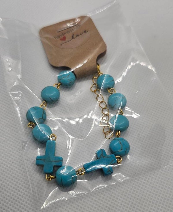 Handcrafted Cross & Turquoise-Style Beaded Bracelet