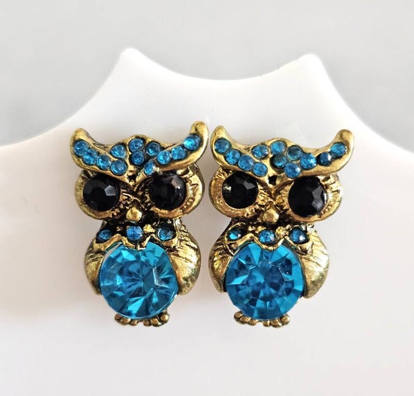 Antique Gold Sparkling Crystal Owl Stud Earrings