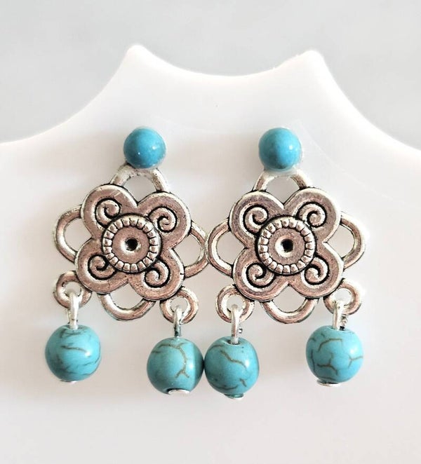 Handmade Turquoise Beaded Floral Drop Earrings