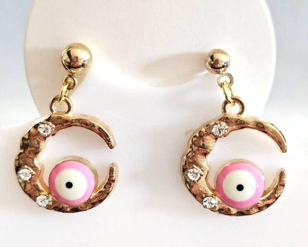 Crescent Moon & Evil Eye Charm Drop Earrings