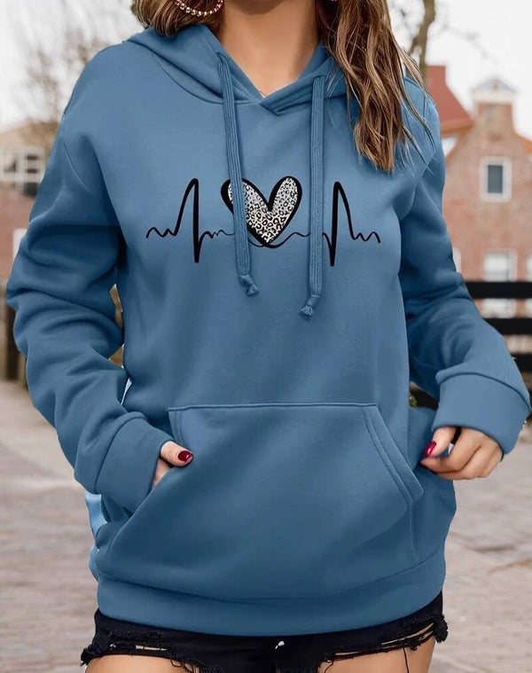 Women's Leopard Heart Print Drawstring Hoodie