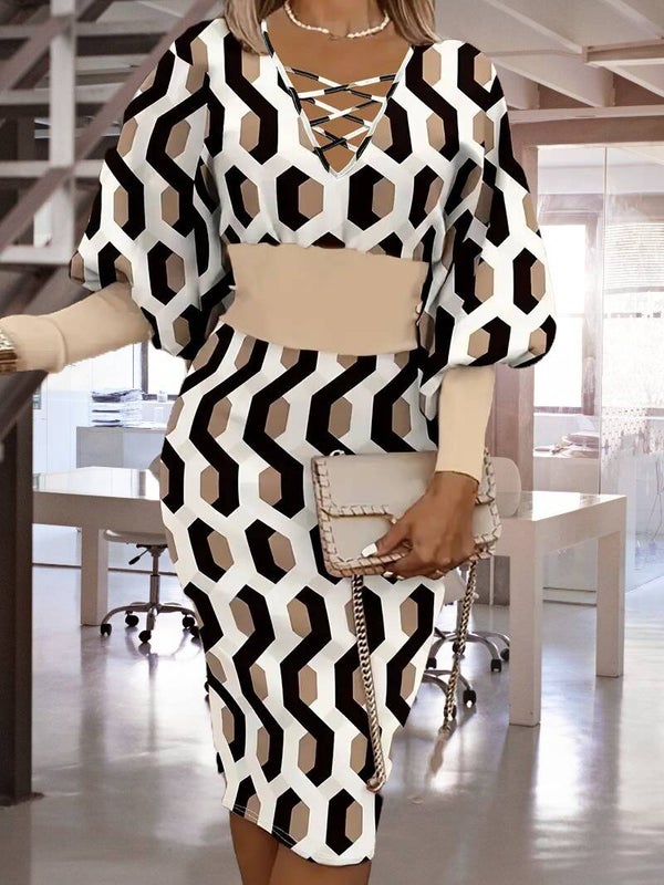 Women's Plus Geometric Print Lantern Sleeve Dress