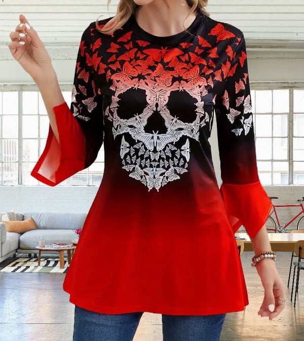 Women's Skull & Butterfly Print Crew Neck Blouse