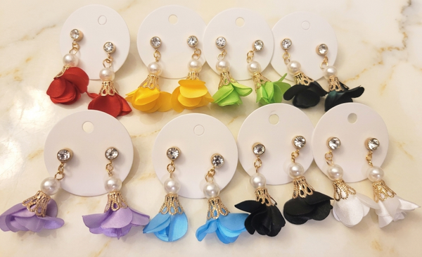 Handmade Silk Petal Tassel Earrings with Pearl & Crystal Accents