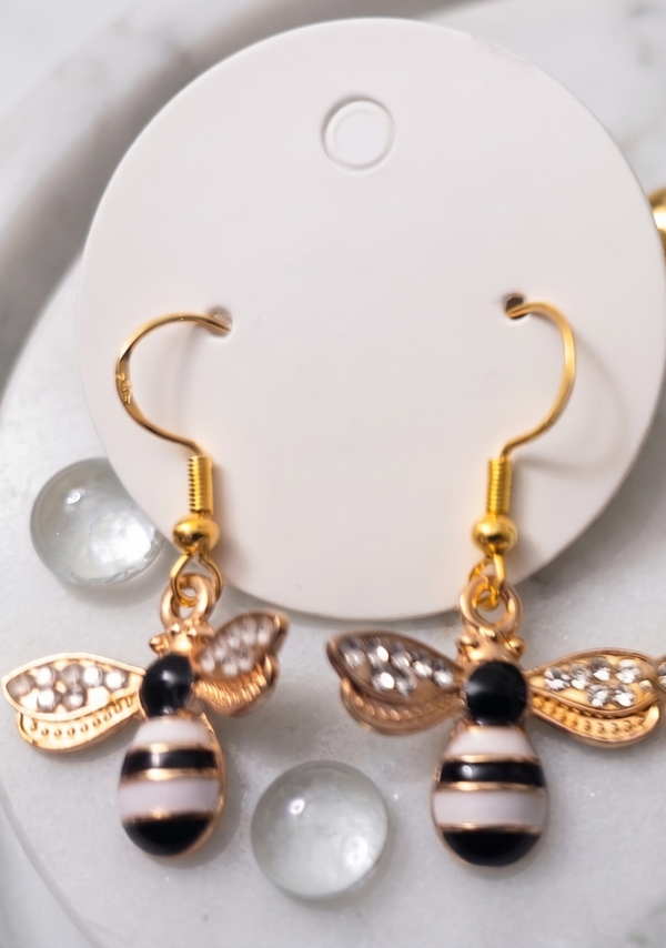Handmade Bejeweled & Enameled Bumble Bee Drop Earrings