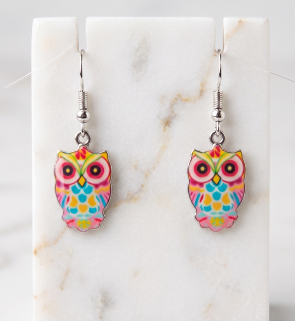Handmade Artistic Enameled Owl Drop Earrings