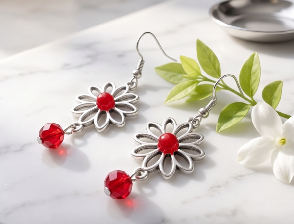 Handmade Metallic Floral & Crystal Drop Earrings
