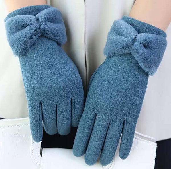 Women's Suede-Finish Bow Detail Plush Gloves
