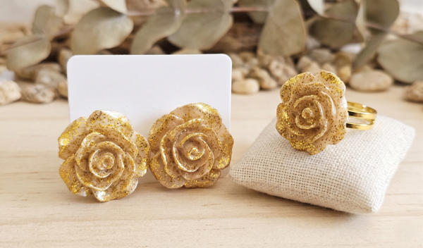 Handmade Glitter Rose Jewelry Set (Earrings & Adjustable Ring)