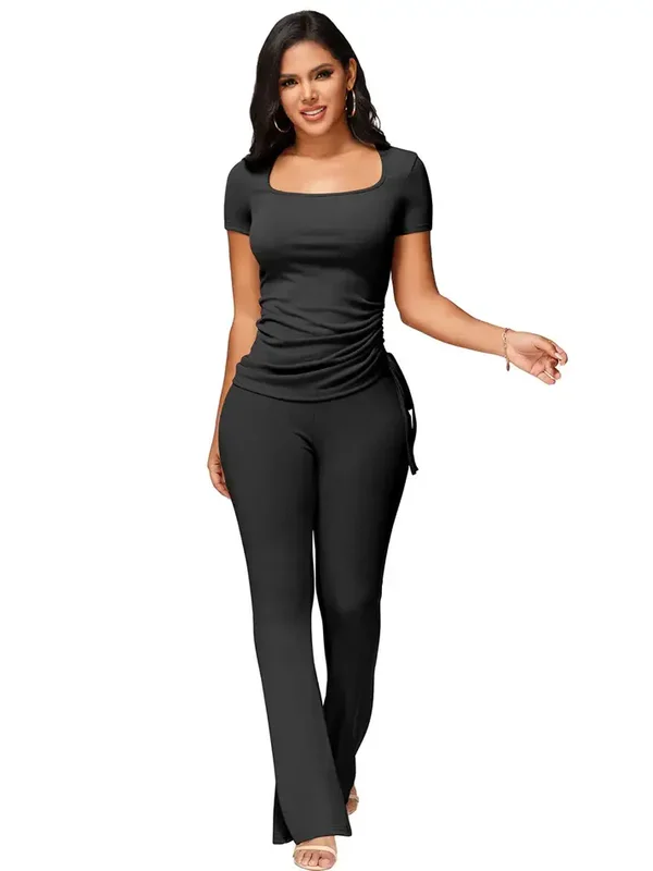 Women's Ribbed Short Sleeve Top & Flare Pants Set