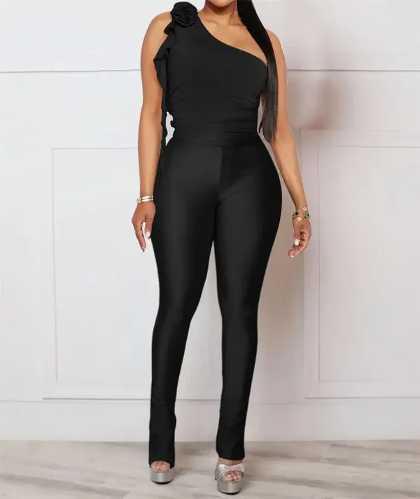 Women's Elegant 2pc Outfit One-Shoulder Top and Bodycon Pants
