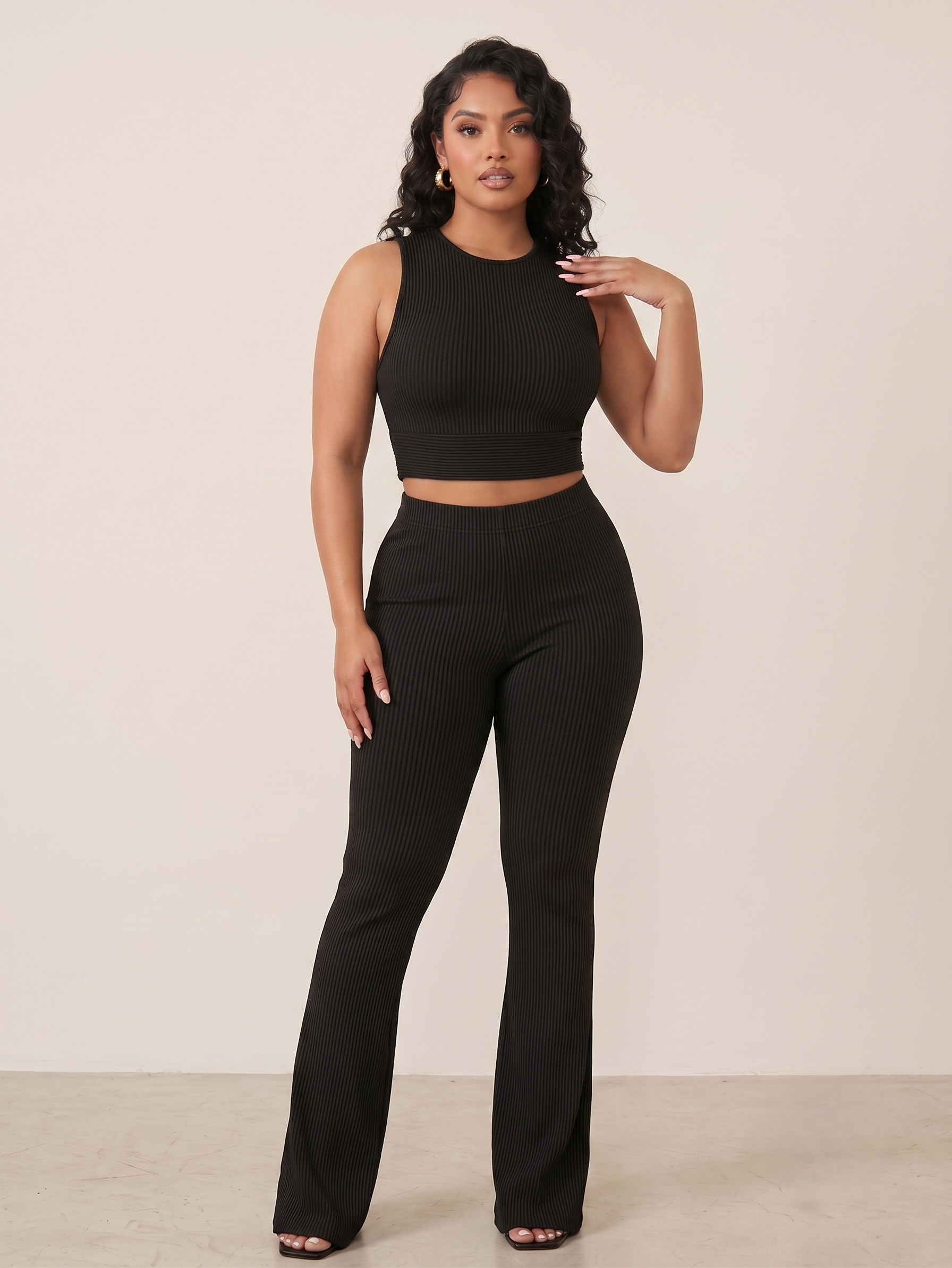 Women's Ribbed Knit Open-Side Tank & Flare Pants Set