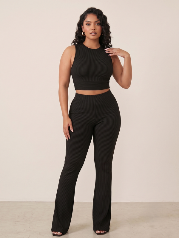 Women's Ribbed Knit Open-Side Tank & Flare Pants Set