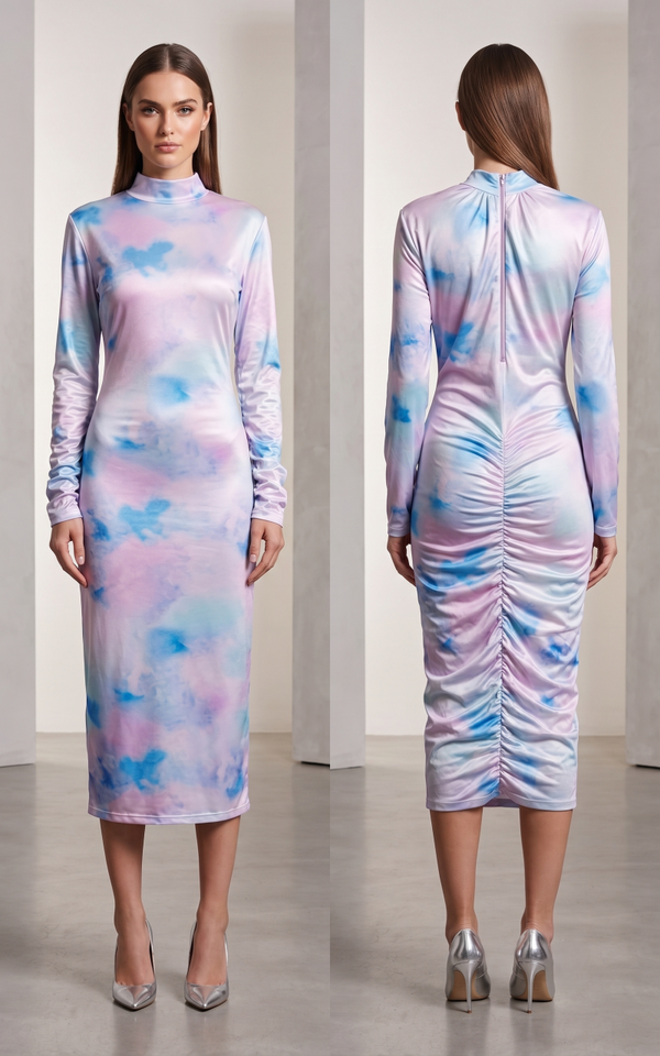 Women's Mock-Neck Ruched Tie-Dye Midi Dress