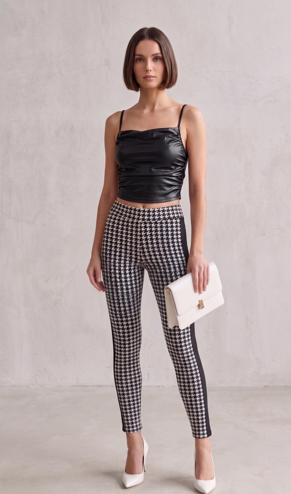 Women's Two-Piece Faux-Leather Cami and Houndstooth Leggings Set