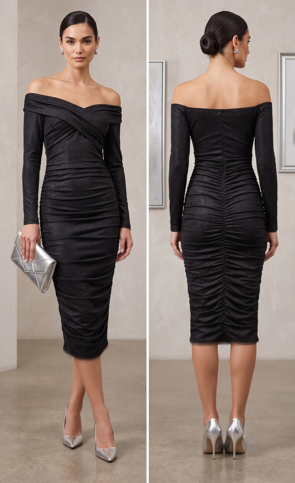 Women’s Ruched Off-The-Shoulder Bodycon Midi Dress
